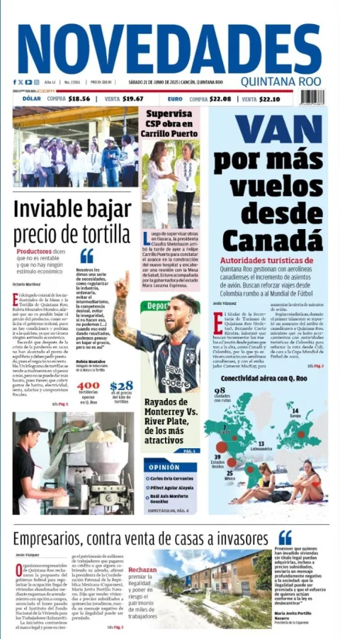 Portada de Novedades Quintana Roo del sábado, 21 de junio de 2025