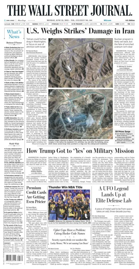 Portada de The Wall Street Journal del lunes, 23 de junio de 2025