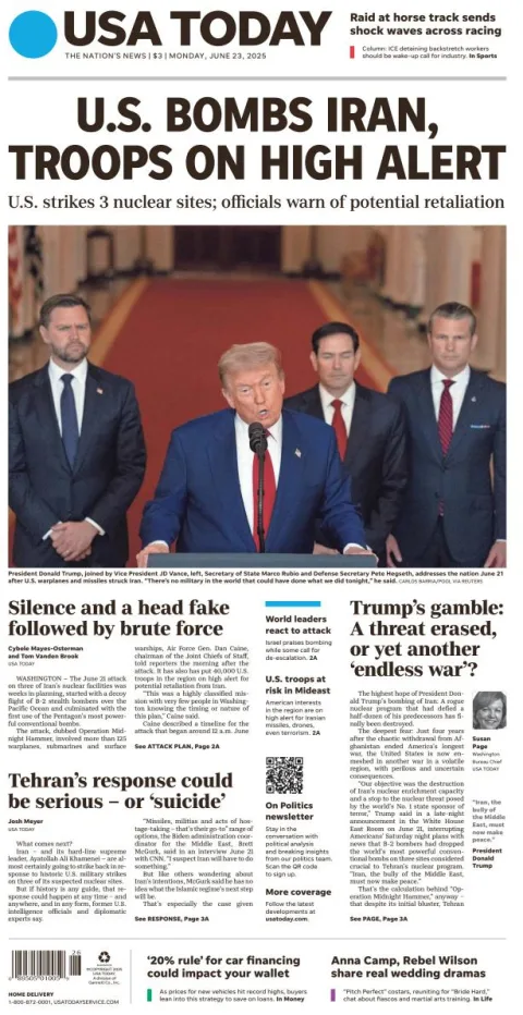 Portada de Usa Today del lunes, 23 de junio de 2025