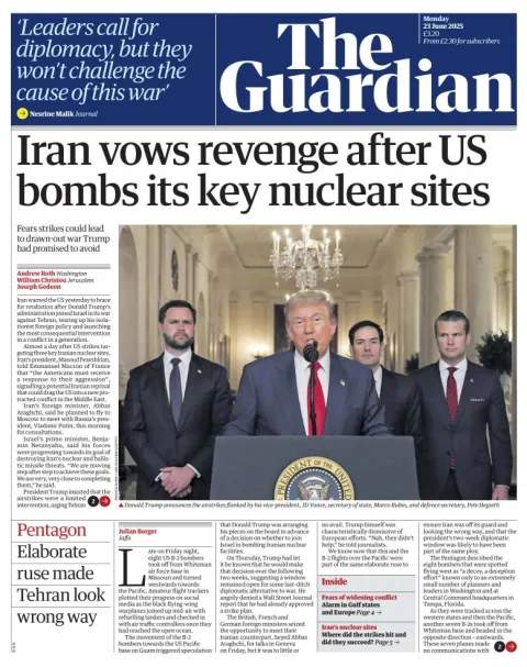 Portada de The Guardian (reino Unido) del lunes, 23 de junio de 2025