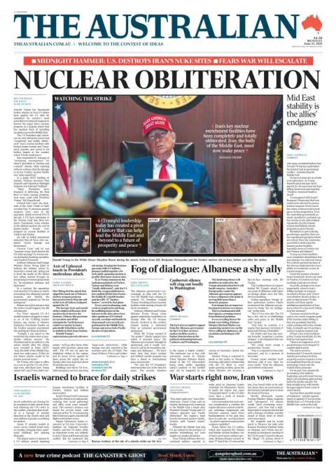 Portada de The Australian del lunes, 23 de junio de 2025