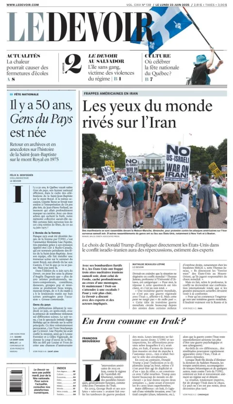 Portada de Le Devoir del lunes, 23 de junio de 2025