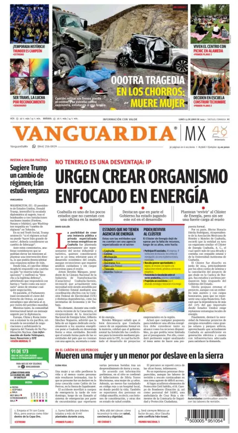 Portada de Vanguardia del lunes, 23 de junio de 2025