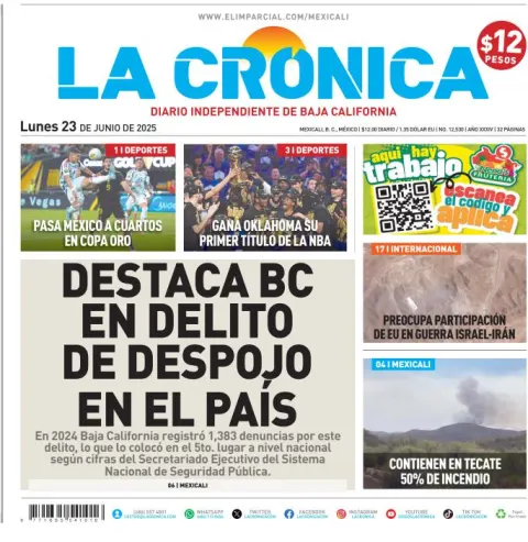 Portada de La Cronica del lunes, 23 de junio de 2025