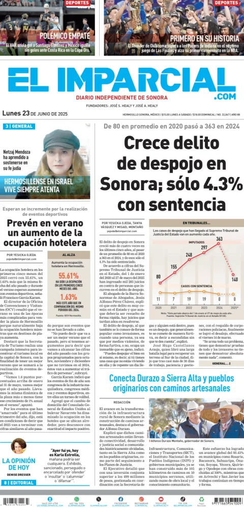 Portada de El Imparcial del lunes, 23 de junio de 2025