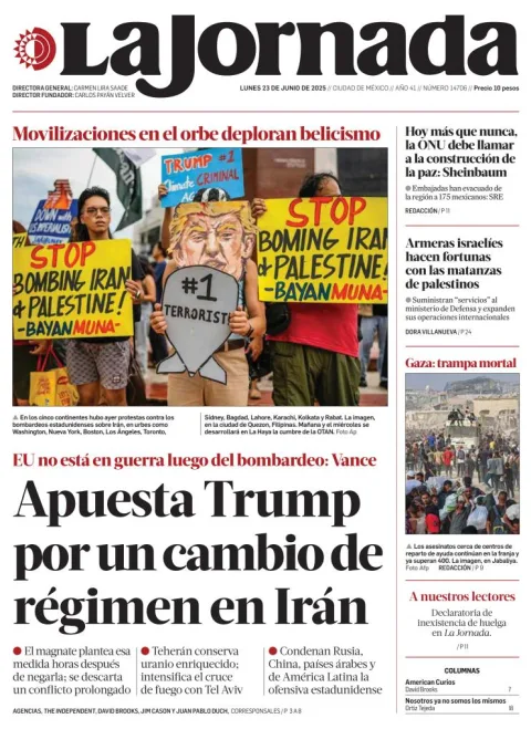 Portada de La Jornada del lunes, 23 de junio de 2025