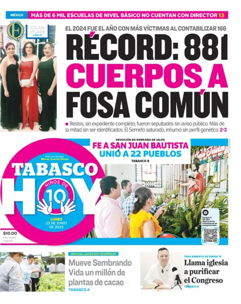 Portada de Tabasco Hoy del lunes, 23 de junio de 2025