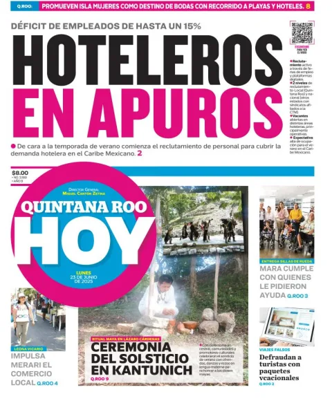Portada de Quintana Roo Hoy del lunes, 23 de junio de 2025