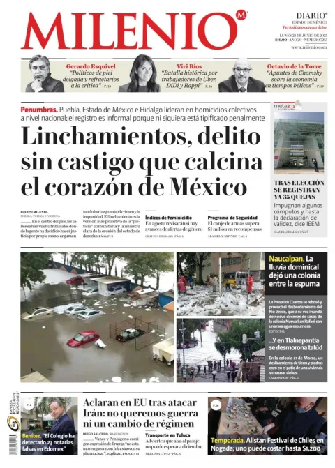 Portada de Milenio Edo de Mexico del lunes, 23 de junio de 2025