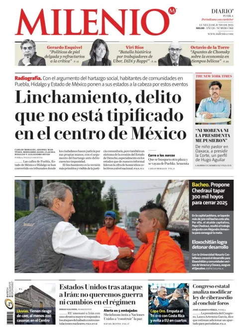 Portada de Milenio Puebla del lunes, 23 de junio de 2025