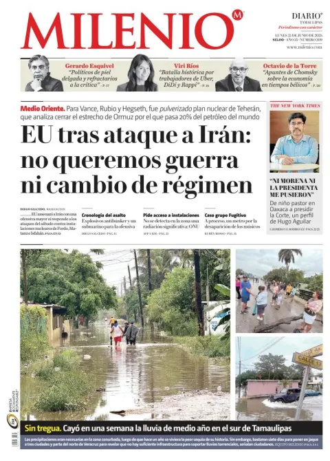 Portada de Milenio Tamaulipas del lunes, 23 de junio de 2025
