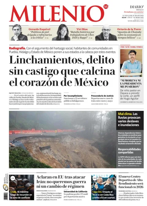 Portada de Milenio Hidalgo del lunes, 23 de junio de 2025