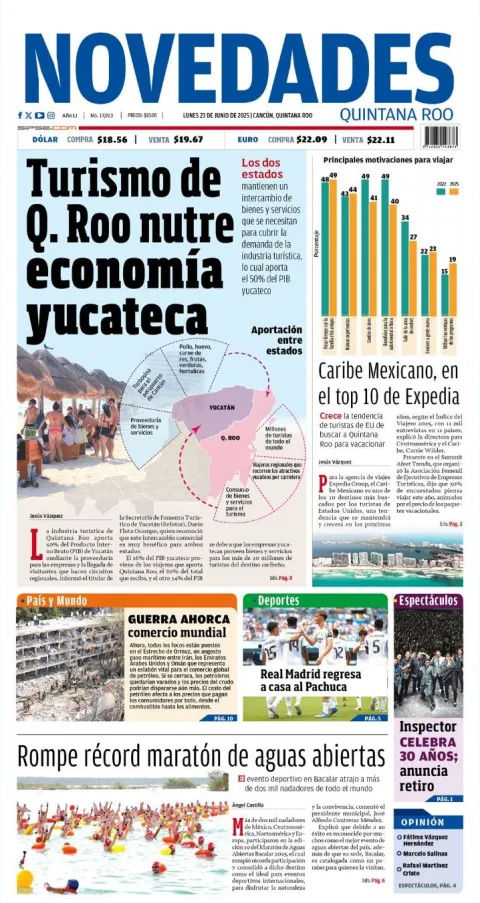Portada de Novedades Quintana Roo del lunes, 23 de junio de 2025