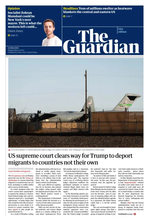 Portada de The Guardian (usa) del martes, 24 de junio de 2025