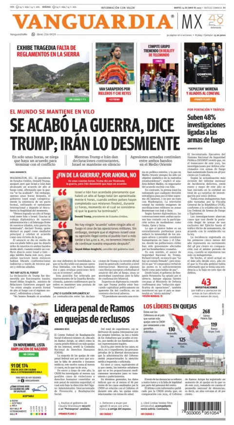 Portada de Vanguardia del martes, 24 de junio de 2025