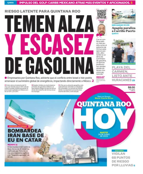 Portada de Quintana Roo Hoy del martes, 24 de junio de 2025