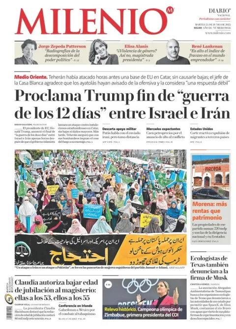 Portada de Milenio del martes, 24 de junio de 2025