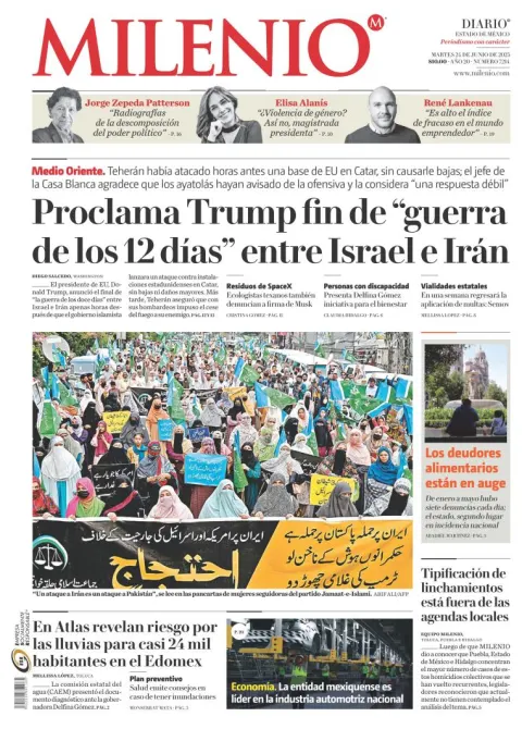 Portada de Milenio Edo de Mexico del martes, 24 de junio de 2025