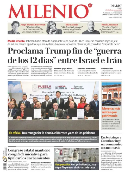 Portada de Milenio Puebla del martes, 24 de junio de 2025