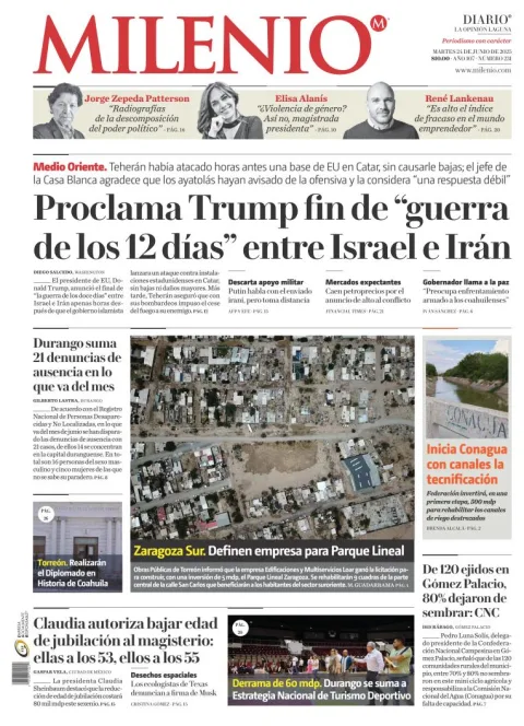 Portada de Milenio Laguna del martes, 24 de junio de 2025