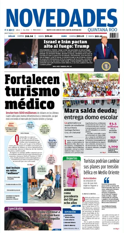 Portada de Novedades Quintana Roo del martes, 24 de junio de 2025