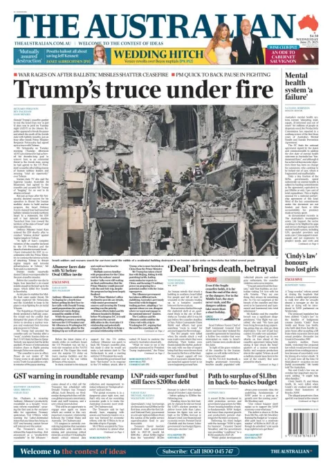 Portada de The Australian del miércoles, 25 de junio de 2025