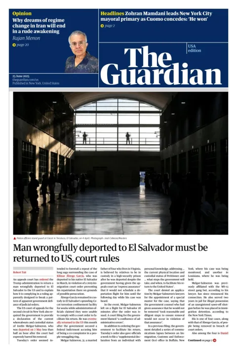 Portada de The Guardian (usa) del miércoles, 25 de junio de 2025