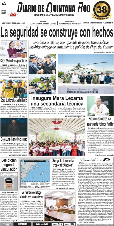 Portada de Diario de Quintana Roo (portada) del miércoles, 25 de junio de 2025