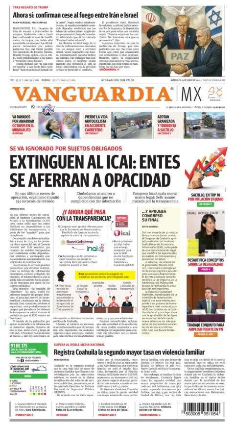 Portada de Vanguardia del miércoles, 25 de junio de 2025