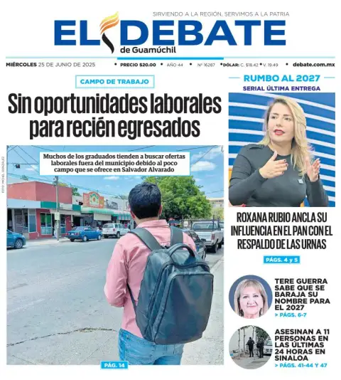 Portada de El Debate de Guamuchil del miércoles, 25 de junio de 2025