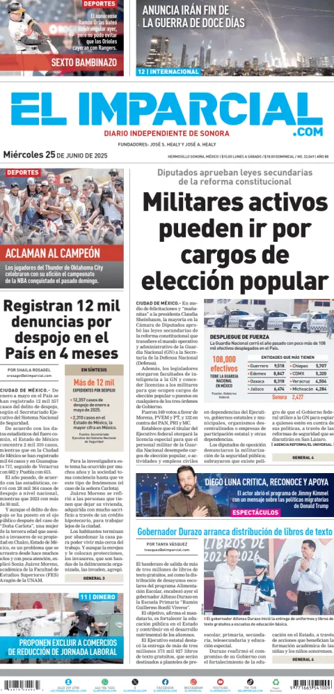 Portada de El Imparcial del miércoles, 25 de junio de 2025