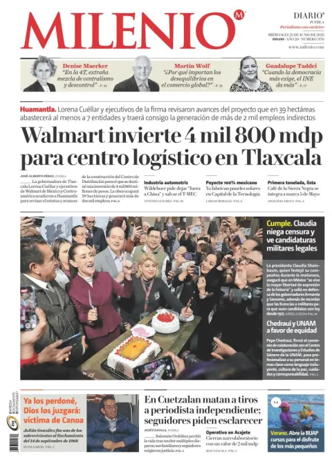 Portada de Milenio Puebla del miércoles, 25 de junio de 2025