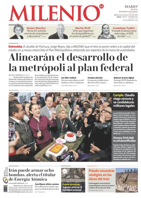 Portada de Milenio Hidalgo del miércoles, 25 de junio de 2025