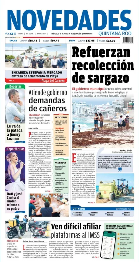 Portada de Novedades Quintana Roo del miércoles, 25 de junio de 2025