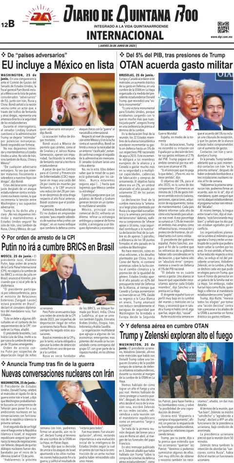 Portada de Diario de Quintana Roo (contra Portada)