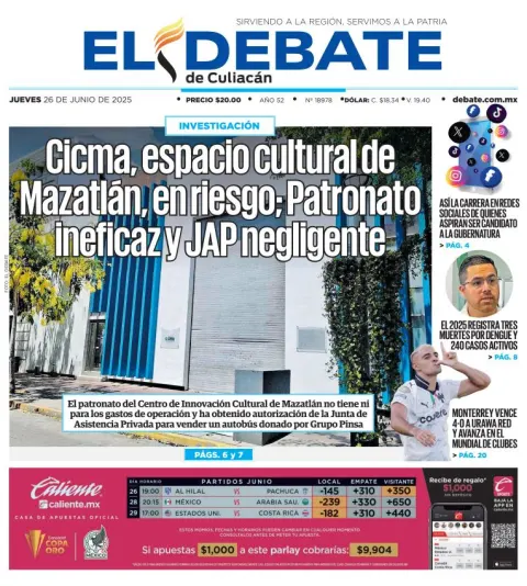 Portada de El Debate de Culiacan del jueves, 26 de junio de 2025