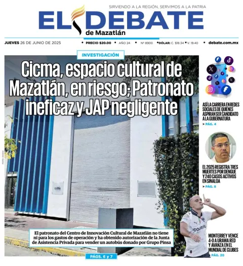 Portada de El Debate de Mazatlan del jueves, 26 de junio de 2025