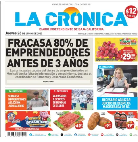Portada de La Cronica del jueves, 26 de junio de 2025
