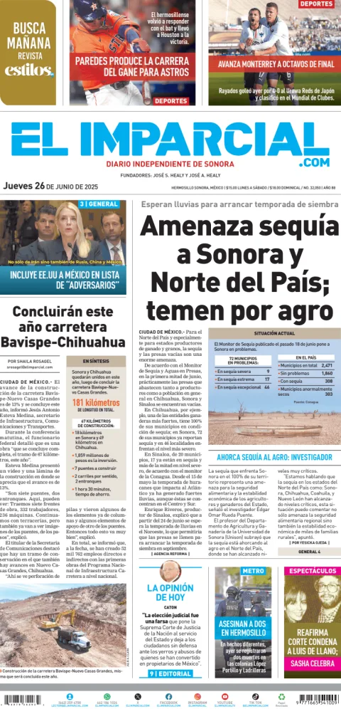 Portada de El Imparcial del jueves, 26 de junio de 2025