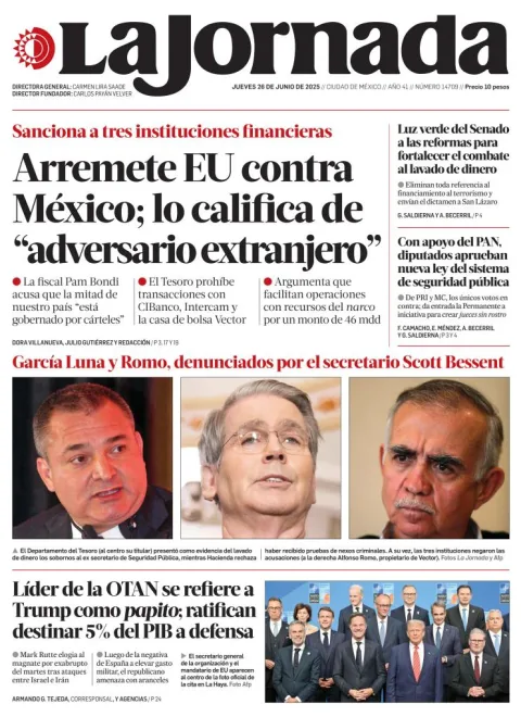 Portada de La Jornada del jueves, 26 de junio de 2025