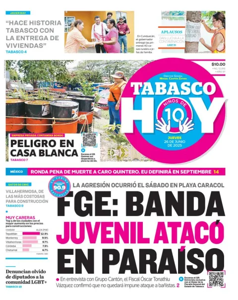 Portada de Tabasco Hoy del jueves, 26 de junio de 2025