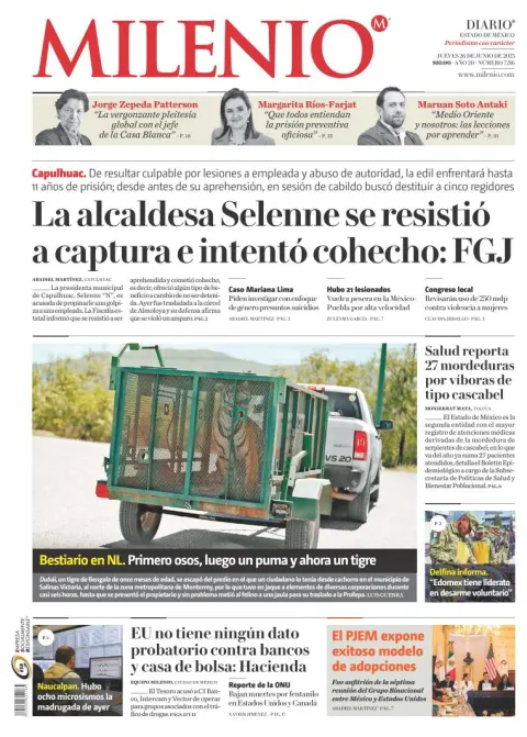 Portada de Milenio Edo de Mexico del jueves, 26 de junio de 2025
