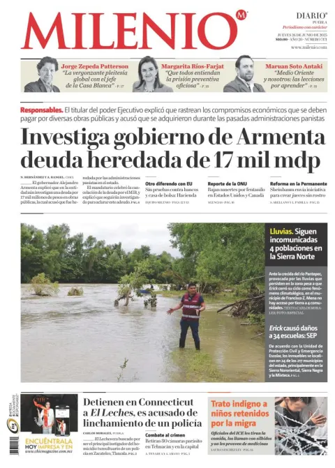 Portada de Milenio Puebla del jueves, 26 de junio de 2025