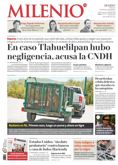 Portada de Milenio Hidalgo del jueves, 26 de junio de 2025