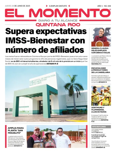 Portada de El Momento Quintana Roo del jueves, 26 de junio de 2025