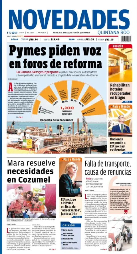 Portada de Novedades Quintana Roo del jueves, 26 de junio de 2025