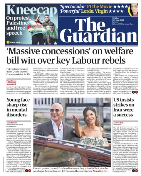 Portada de The Guardian (reino Unido) del viernes, 27 de junio de 2025
