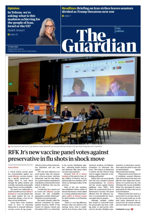 Portada de The Guardian (usa) del viernes, 27 de junio de 2025
