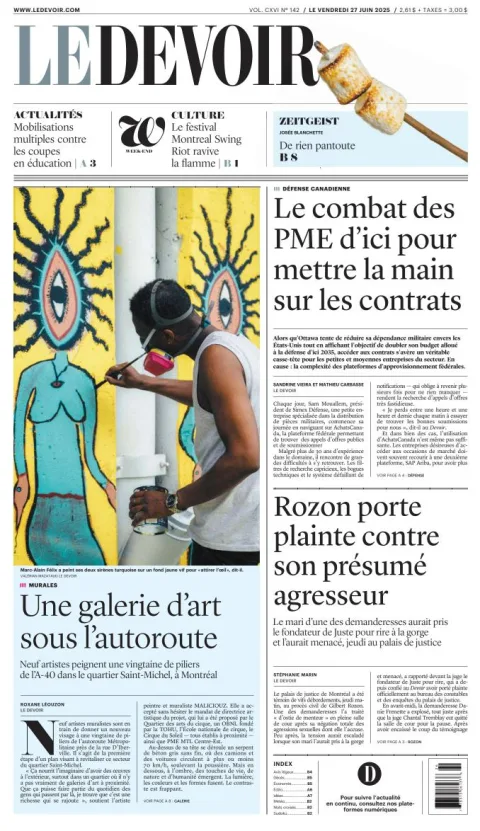 Portada de Le Devoir del viernes, 27 de junio de 2025