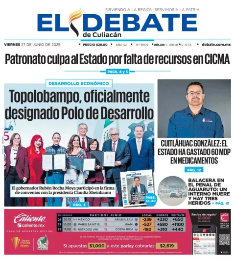 Portada de El Debate de Culiacan del viernes, 27 de junio de 2025